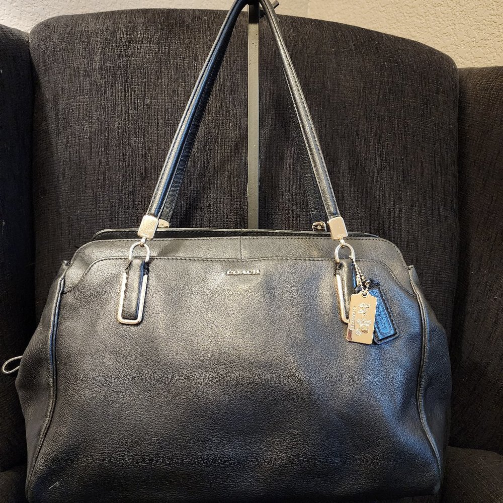Coach Black Leather Carryall 3 Compartments Satchel Handbag